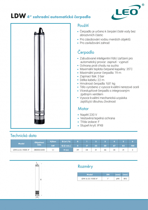 Leo LDW-6-55-1100E 4" ponorný automat 230V 0,75kW, kabel 22m