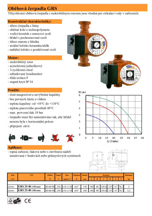 Oběhové čerpadlo GRS 25-40 130 nebo 180 mm
