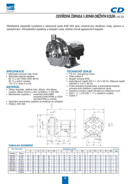 Ebara CD odstředivá čerpadla s jedním oběžným kolem 3x400V nebo 230V