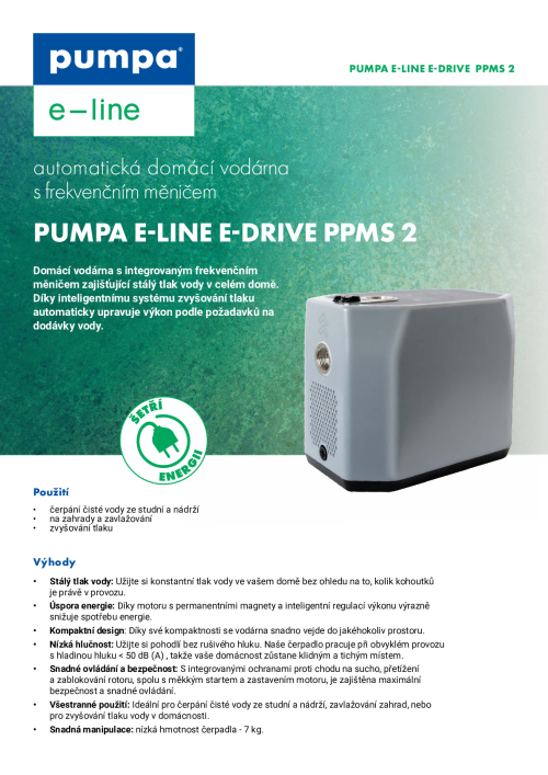 e-line E-DRIVE PPMS2 3-30 50Hz 230V 0,88kW vodárna s frekvenčním měničem