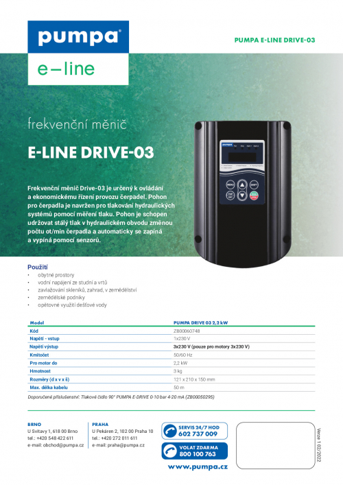 e-line Drive-03 2,2kW, vstup 1x230V a výstup 3x230V, výstupní proud 10A, frekvenční měnič, bez snímače