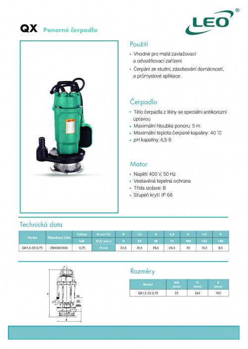 Leo QX1,5-32-0,75 ponorné čerpadlo 380V 0,75kW