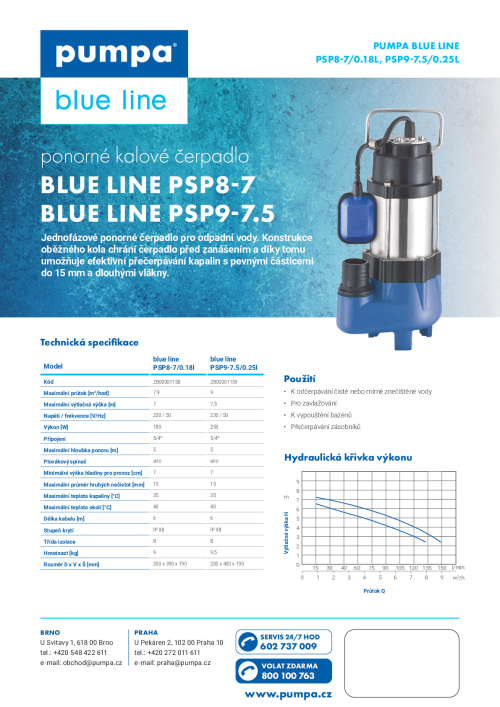 blue line PSP8-7/0.18I 230V kalové čerpadlo s plovákem, kabel 6m