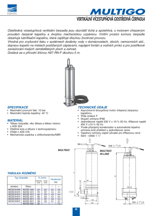 Ebara MULTIGO - vertikální vícestupňová odstředivá čerpadla 