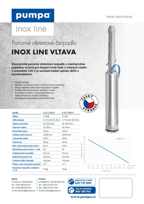 Ponorné vřetenové čerpadlo  INOX VLTAVA 230 a 400V