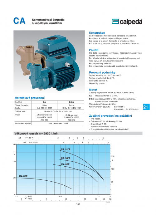 Calpeda CA samonasávací čerpadla s paprskovým oběžným kolem 3x400V nebo 230V