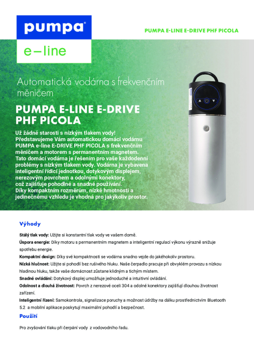 e-line E-DRIVE PHF PICOLA automatická vodárna s frekvenčním měničem