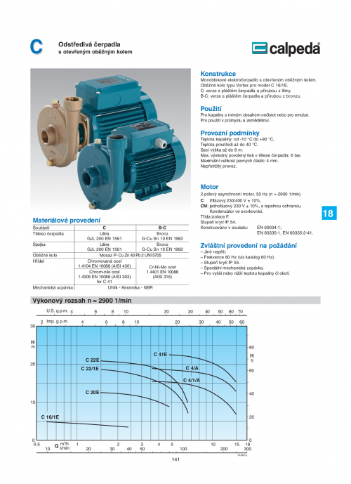 Calpeda C odstředivá čerpadla s otevřeným oběžným kolem 3x400V nebo 230V
