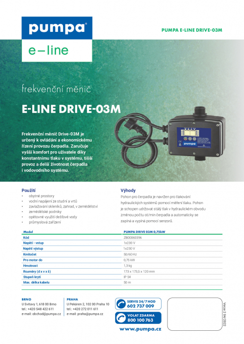e-line Drive-03M frekvenční měnič s integrovaným snímačem tlaku 230V