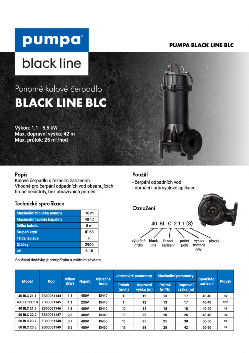 black line 40BLC21.1S 230V 1,1kW, kalové čerpadlo s řezacím zařízením a s plovákem, kabel 8m
