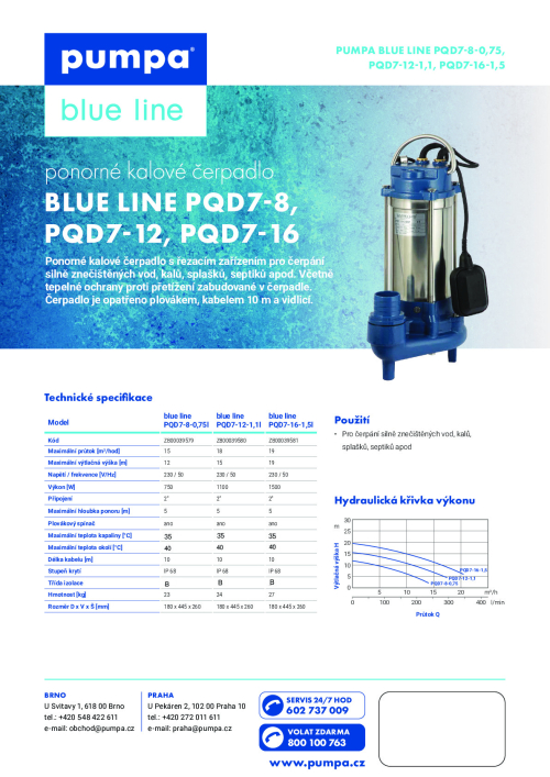 PQD7-12-1.1QGF 230V kalové čerpadlo s řezákem, s plovákem, ovládací skříňka, kabel 10m