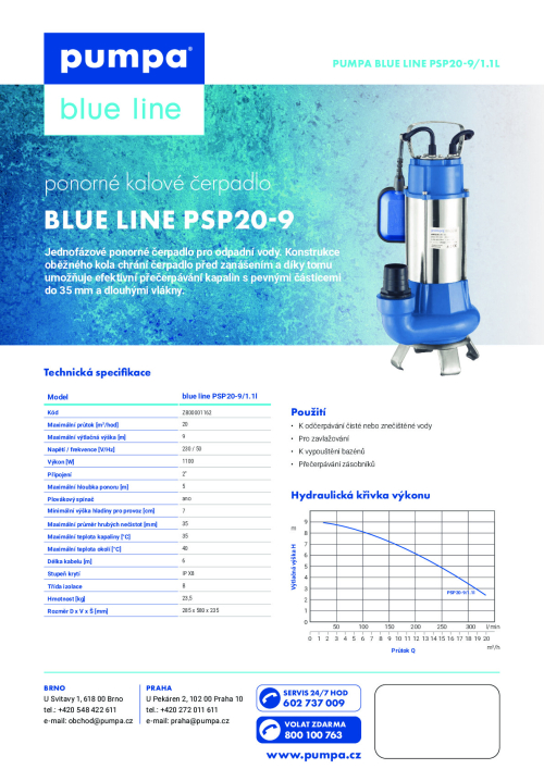 blue line PSP20-9/1,1I 230V kalové čerpadlo s plovákem, kabel 6m