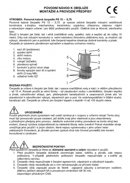 Kalové čerpadlo PS15 - 0,75 230V